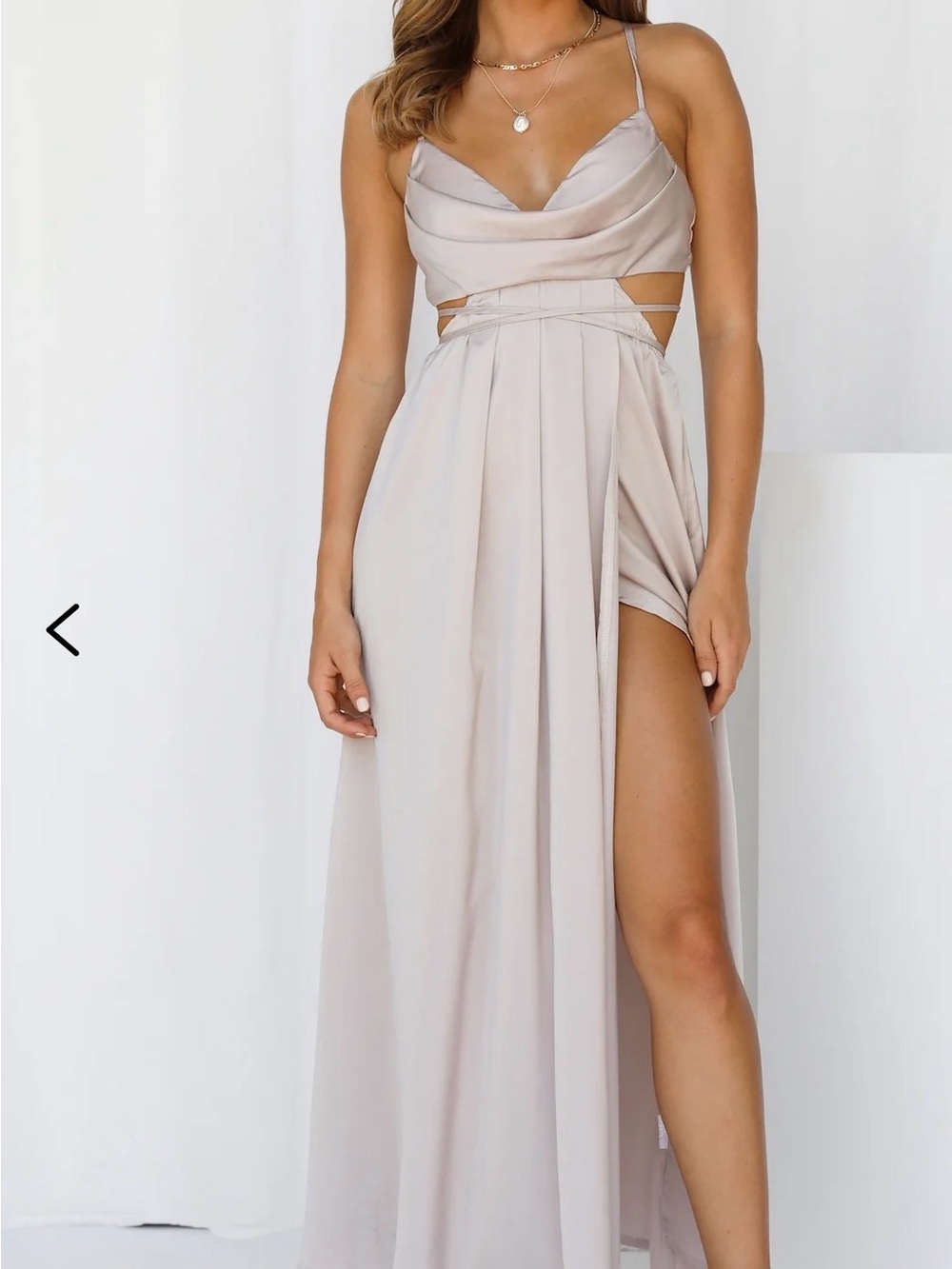 Hello Molly Champagne Cutout Maxi Dress with Cowl Neck